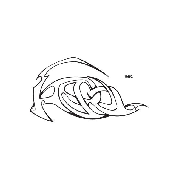 Graffiti decal featuring a stylized helmeted face outline, black line art.