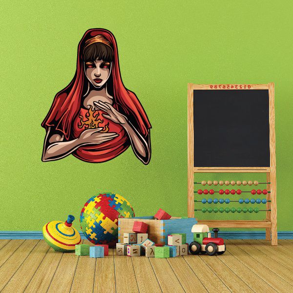 Hestia sticker of red-haired woman in red outfit, holding hands to chest.