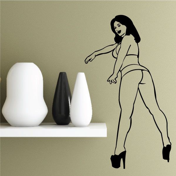 Woman in short skirt and high heels wall decal, black line art outline