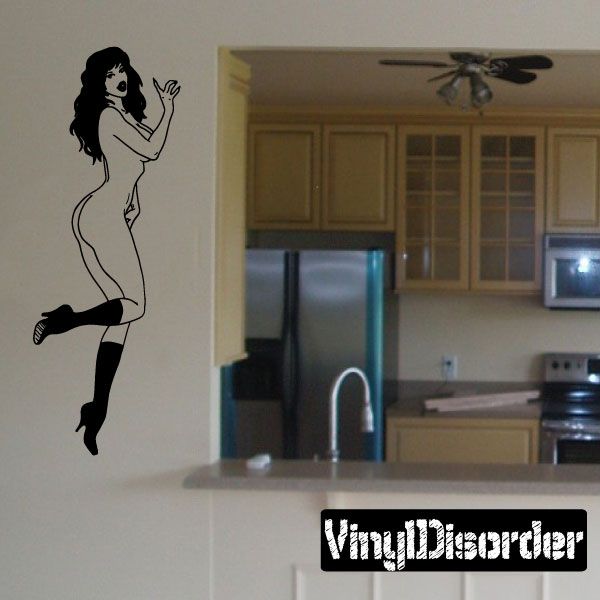 Pinup girl wall decal silhouette, high-heeled heels, waving hand, black