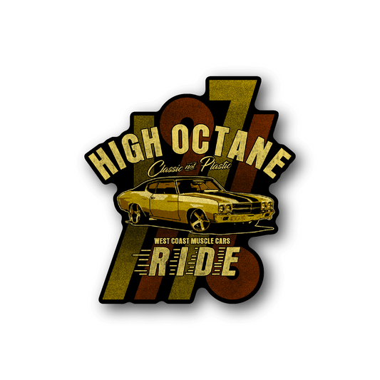 Vinyl car sticker with yellow lettering, classic car graphic, and number 97