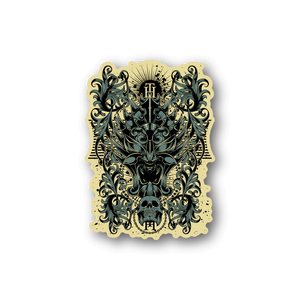 Ornate lion head vinyl sticker with gold frame and teal dark illustration