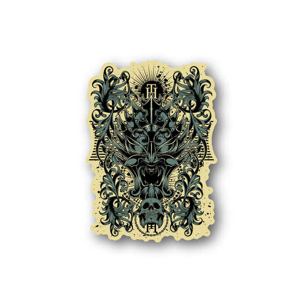 Ornate lion head vinyl sticker with gold frame and teal dark illustration
