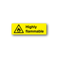 Yellow highly flammable warning sticker with black triangle flame symbol