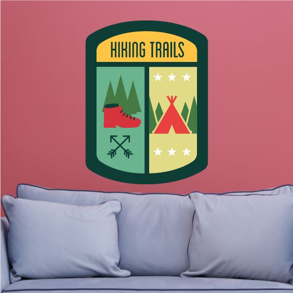Hiking Trails camp badge vinyl decal with red hiking boot, tent, pine trees, star panel