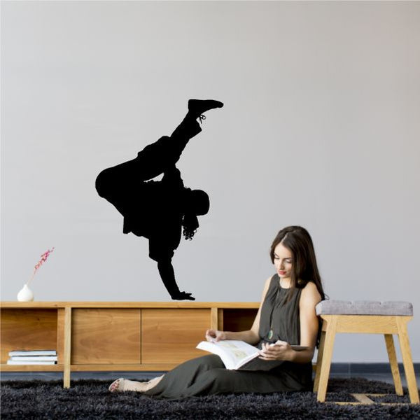 Hip hop dancer wall decal, black vinyl silhouette of dancer mid-move