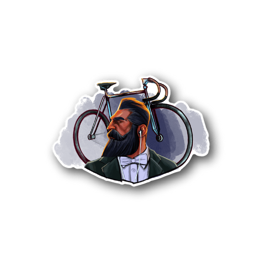Bicycle vinyl sticker with rider portrait and blue helmet, die-cut