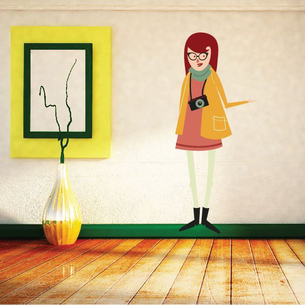 Cartoon girl sticker with red hair, glasses, orange shirt, white skirt, waving with camera