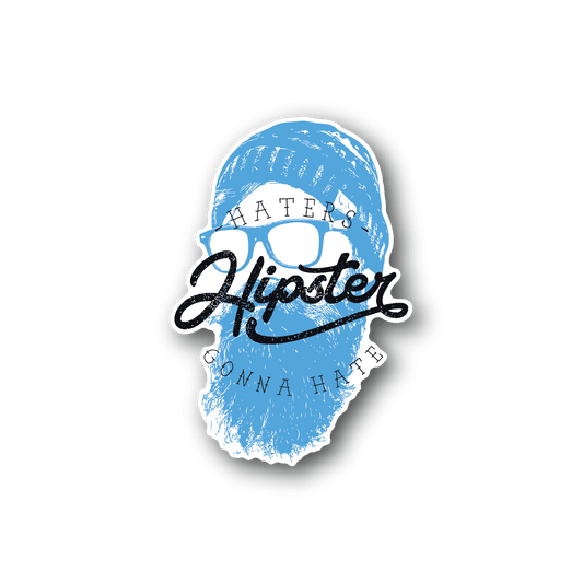Blue bearded hipster vinyl sticker with 'Hipsters' script and wordmark