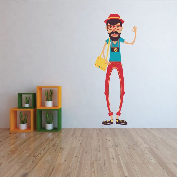 Hipster waving sticker of a man with glasses, beard, and hat