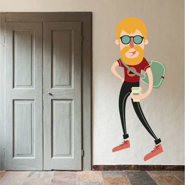 Hipster coffee sticker, cartoon bearded man with glasses holding a coffee cup