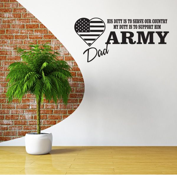 Army Dad wall decal with U.S. flag heart and slogan text