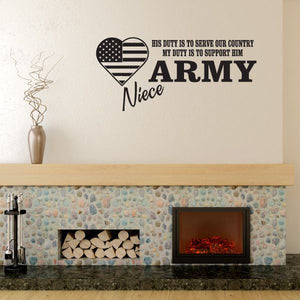 Army niece wall decal with U.S. flag heart and bold ARMY text