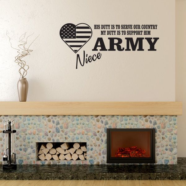 Army niece wall decal with U.S. flag heart and bold ARMY text