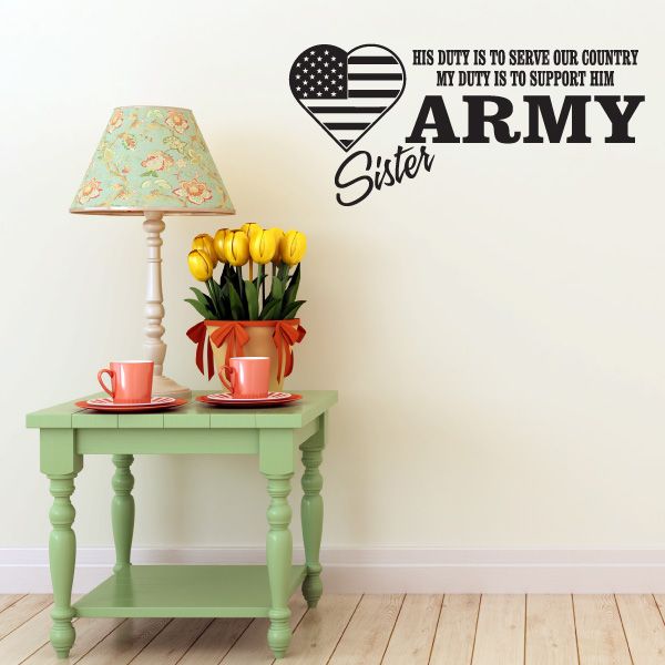 Army sister vinyl decal with heart flag icon and 'ARMY' text, 'Sister' below
