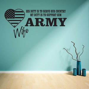 Army wife wall decal with heart emblem and bold patriotic text