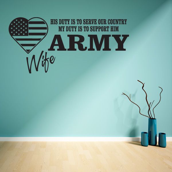 Army wife wall decal with heart emblem and bold patriotic text