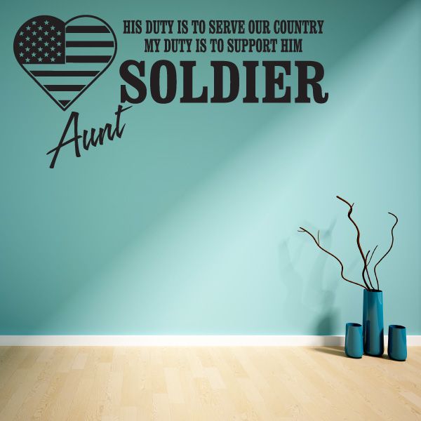 Patriotic wall decal with flag-heart and 'Soldier Aunt' text, black and teal