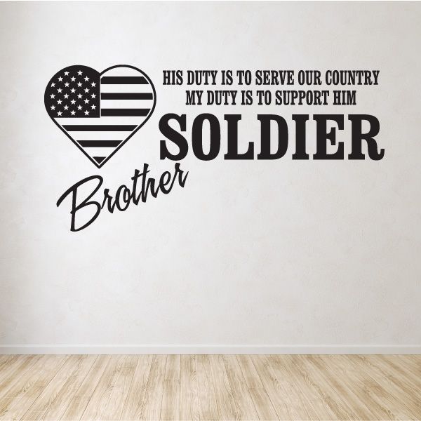 Vinyl wall decal with heart-shaped US flag and text: Soldier Brother