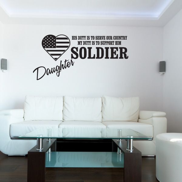 Soldier duty daughter wall decal with heart flag and bold soldier lettering