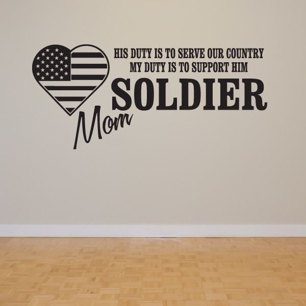 Soldier Mom wall decal with heart and U.S. flag plus patriotic text