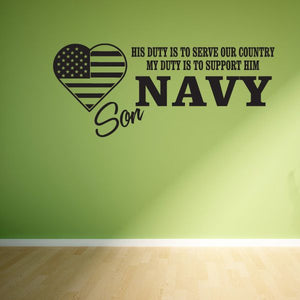 His Duty Navy Son decal with US flag heart and bold 'NAVY' text