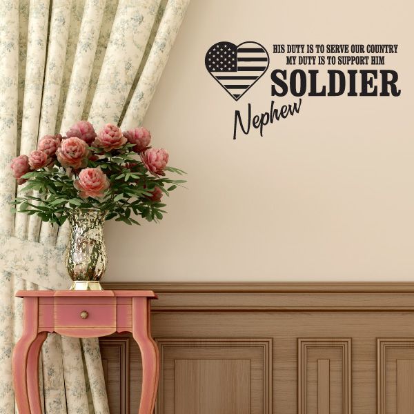 Heart-shaped wall decal with US flag, soldier text, and “Nephew”