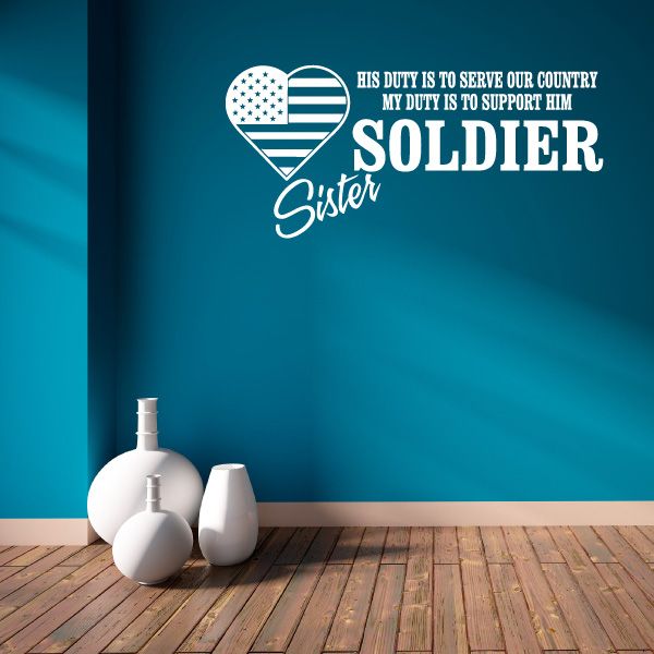 Patriotic soldier decal with heart emblem and stars-and-stripes, SOLDIER Sister