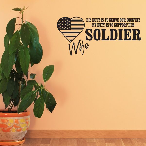 Patriotic wall decal with heart-shaped American flag, 'SOLDIER' and 'Wife' text