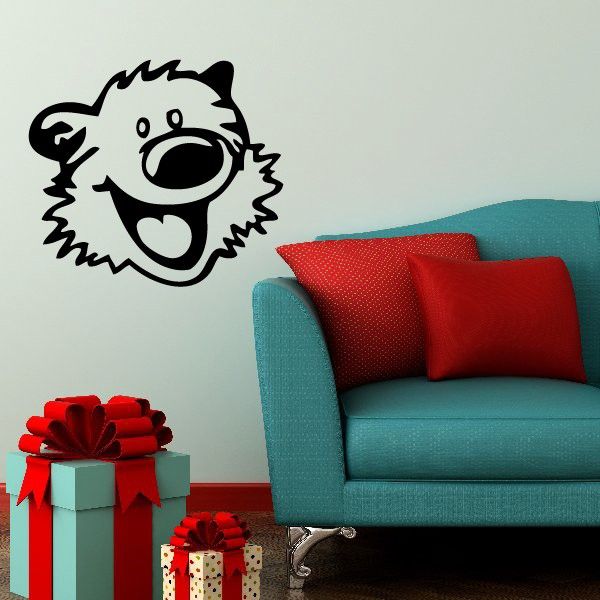 Hobbes head decal, black-and-white cartoon dog face with open mouth and outline