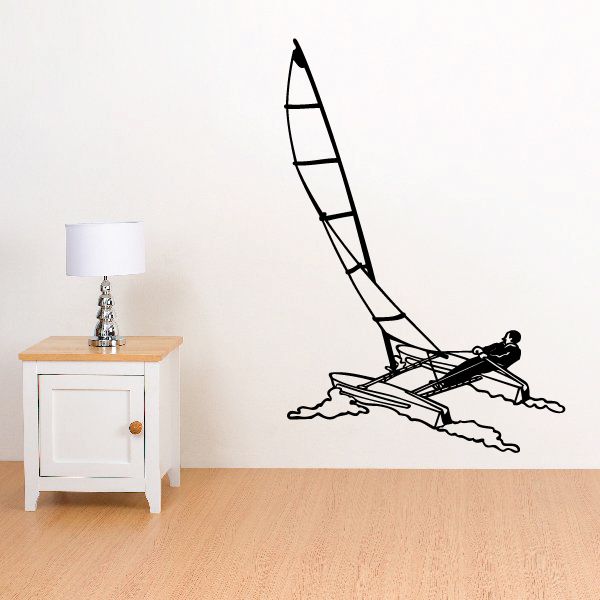 Hobie sailboat vinyl wall decal with sail and wave lines, black outline