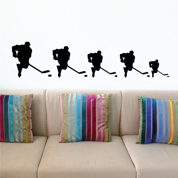 Hockey player family kit wall decal with five black player silhouettes in a row