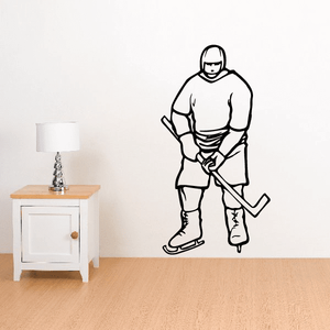 Hockey player wall decal vinyl sticker, black outline on white.
