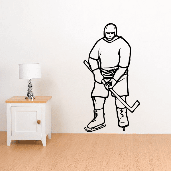 Hockey player wall decal vinyl sticker, black outline on white.