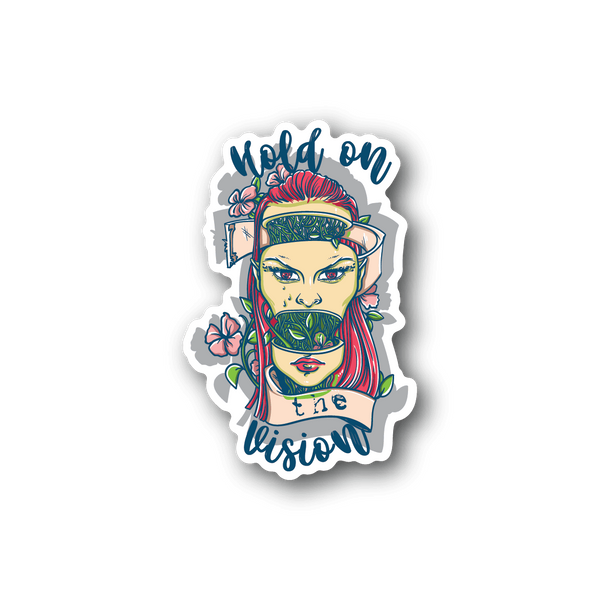 Vinyl sticker with illustrated face, floral cap, and 'Wild on Vision' lettering.