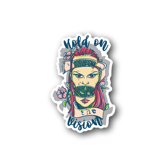 Vinyl sticker with illustrated face, floral cap, and 'Wild on Vision' lettering.