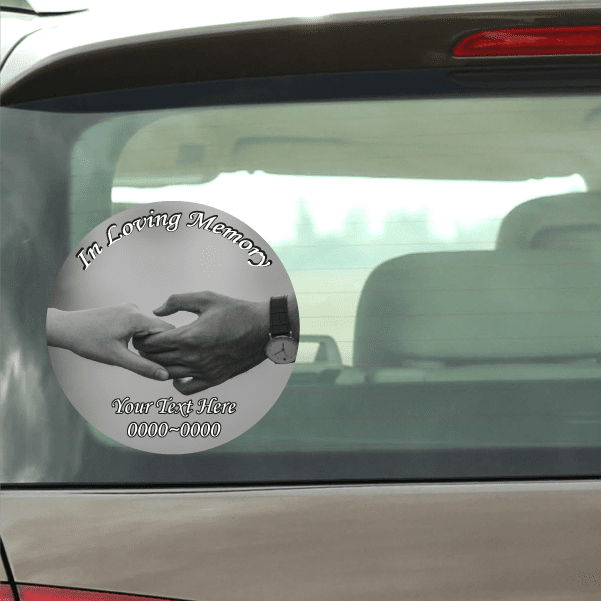 Round custom memorial car sticker with clasped hands graphic and text area