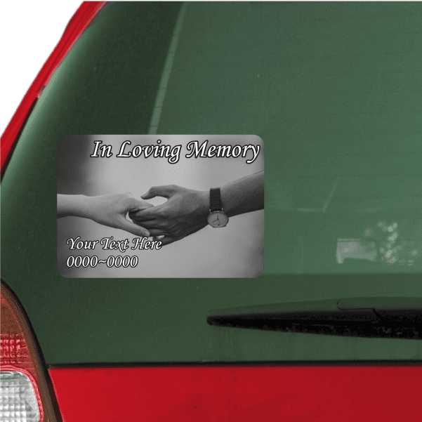 Memorial sticker with clasping hands, 'In Loving Memory' and 'Your Text Here'.