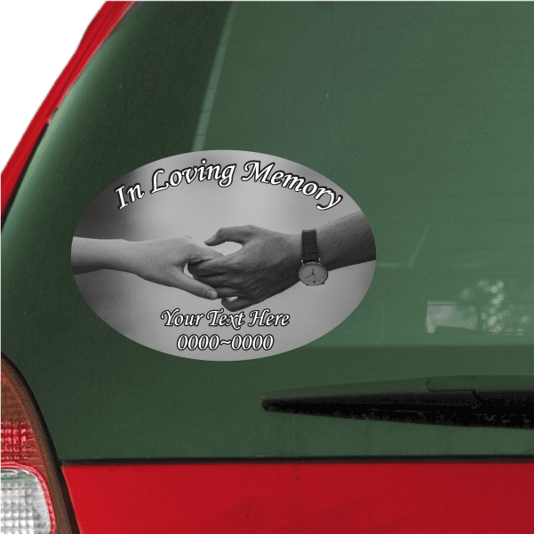 Oval memorial custom sticker with hands holding, In Loving Memory text