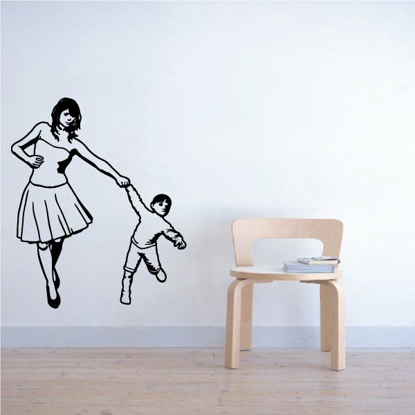 Mother and son walking decal, black outline silhouette holding hands