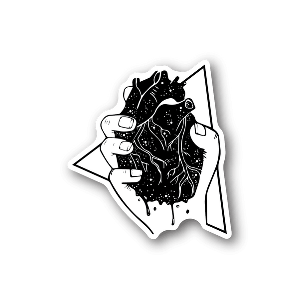 Vinyl sticker with graphic hands holding a heart, black and white outline