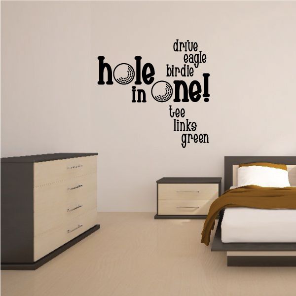 Vinyl wall decal quote: hole in one! with drive, eagle, birdie, green, links, etc.