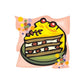 Birthday cake sticker with layered slice and red candle flames, colorful confetti accents