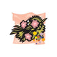 Floral birthday sticker with pink flowers, dark leaf wreath, and colorful confetti
