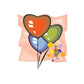 Heart balloon sticker with orange, green and blue balloons and scattered confetti