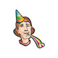 Cartoon party blower sticker with face, colorful cone hat and rainbow scarf