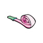 Party blower sticker with green mouthpiece and pink spiral horn