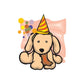 Birthday puppy sticker with party hat, pink bow and colorful confetti