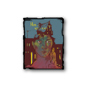 Square multicolor quote vinyl sticker with face illustration and house