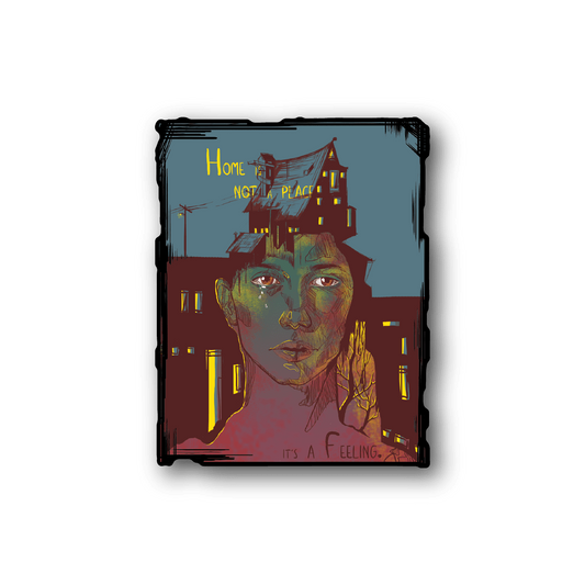 Square multicolor quote vinyl sticker with face illustration and house